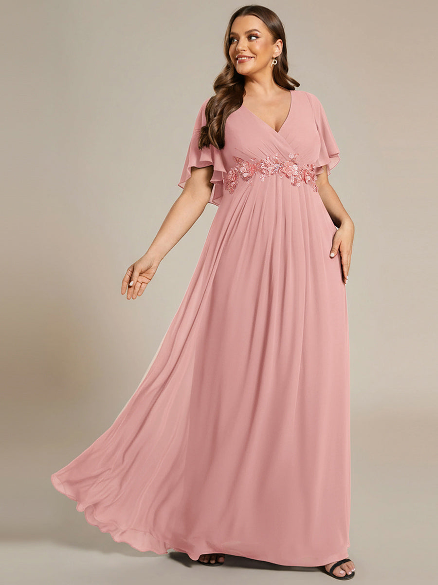 Plus Size Floral Applique Short Sleeve A-Line Chiffon Evening Dress #color_Dusty Rose