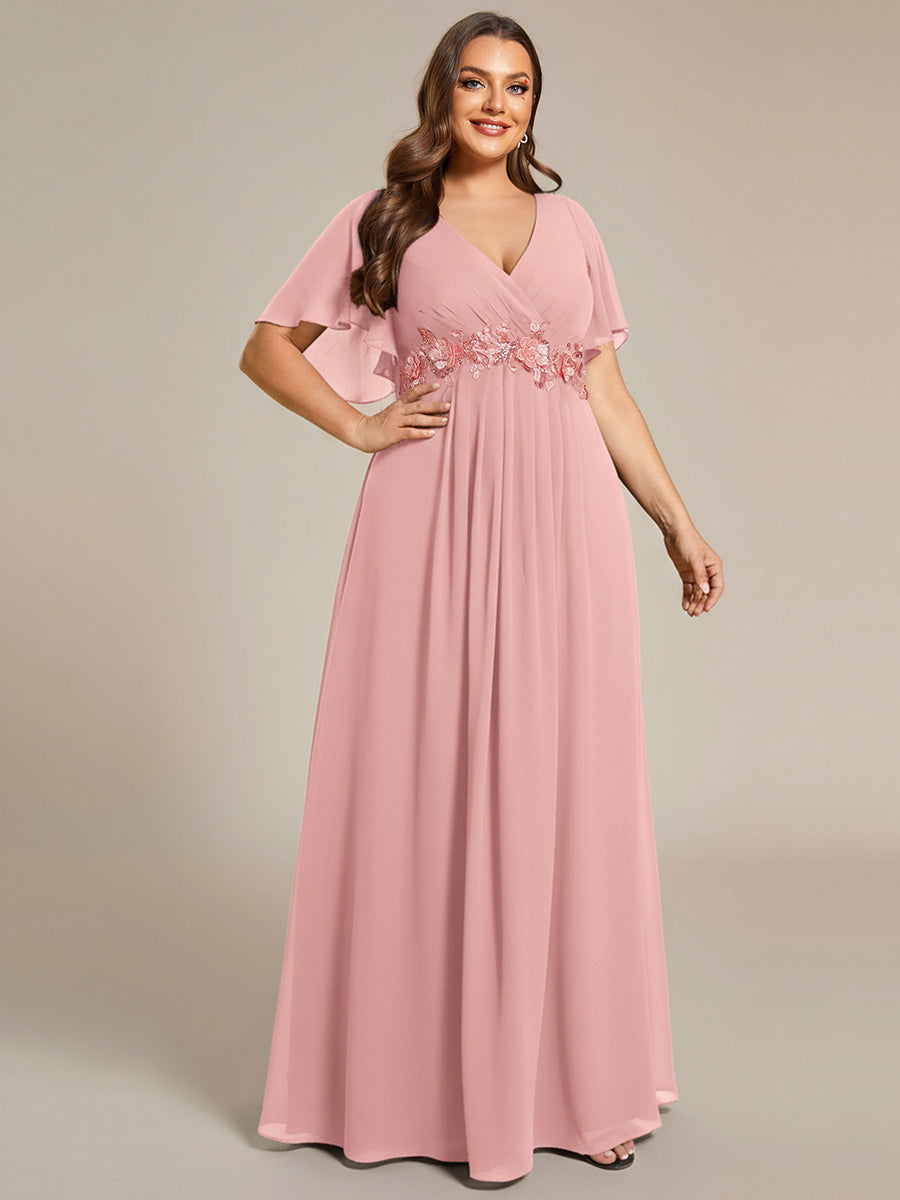 Applique Chiffon Ruffle Sleeve Evening Dress #color_Dusty Rose