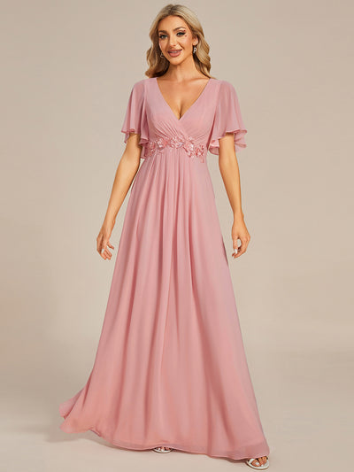Applique Chiffon Ruffle Sleeve Evening Dress #color_Dusty Rose