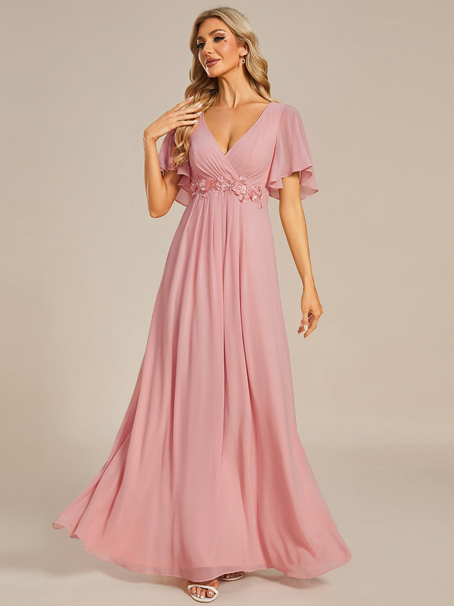 Applique Chiffon Ruffle Sleeve Evening Dress #color_Dusty Rose