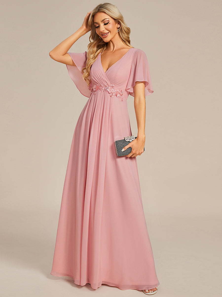 Applique Chiffon Ruffle Sleeve Evening Dress #color_Dusty Rose