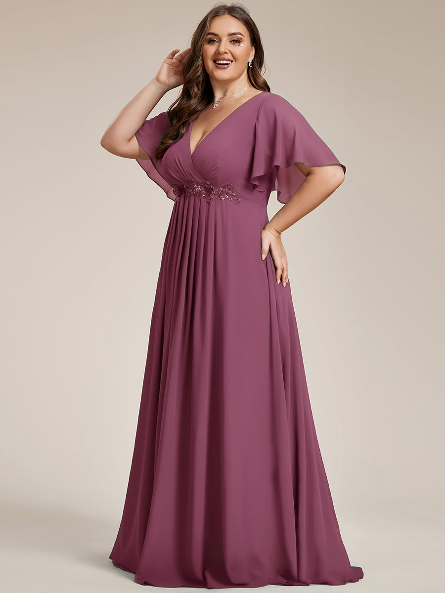 Ruffles Sleeve A-Line Chiffon Waist Applique Maxi Mother of the Bride Dress #color_Damson