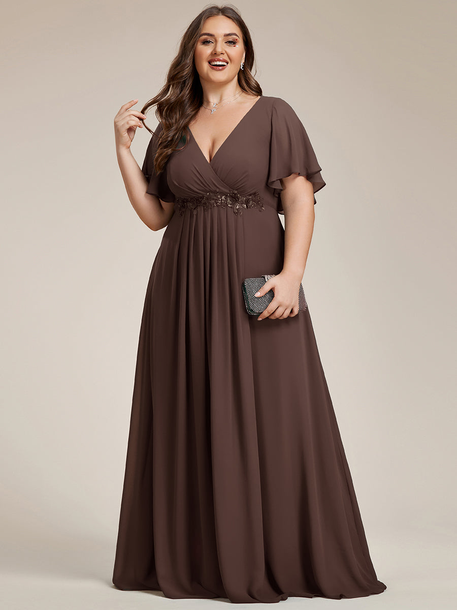 Ruffles Sleeve A-Line Chiffon Waist Applique Maxi Mother of the Bride Dress #color_Espresso