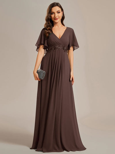 Ruffles Sleeve A-Line Chiffon Waist Applique Maxi Wedding Guest Dress #color_Espresso
