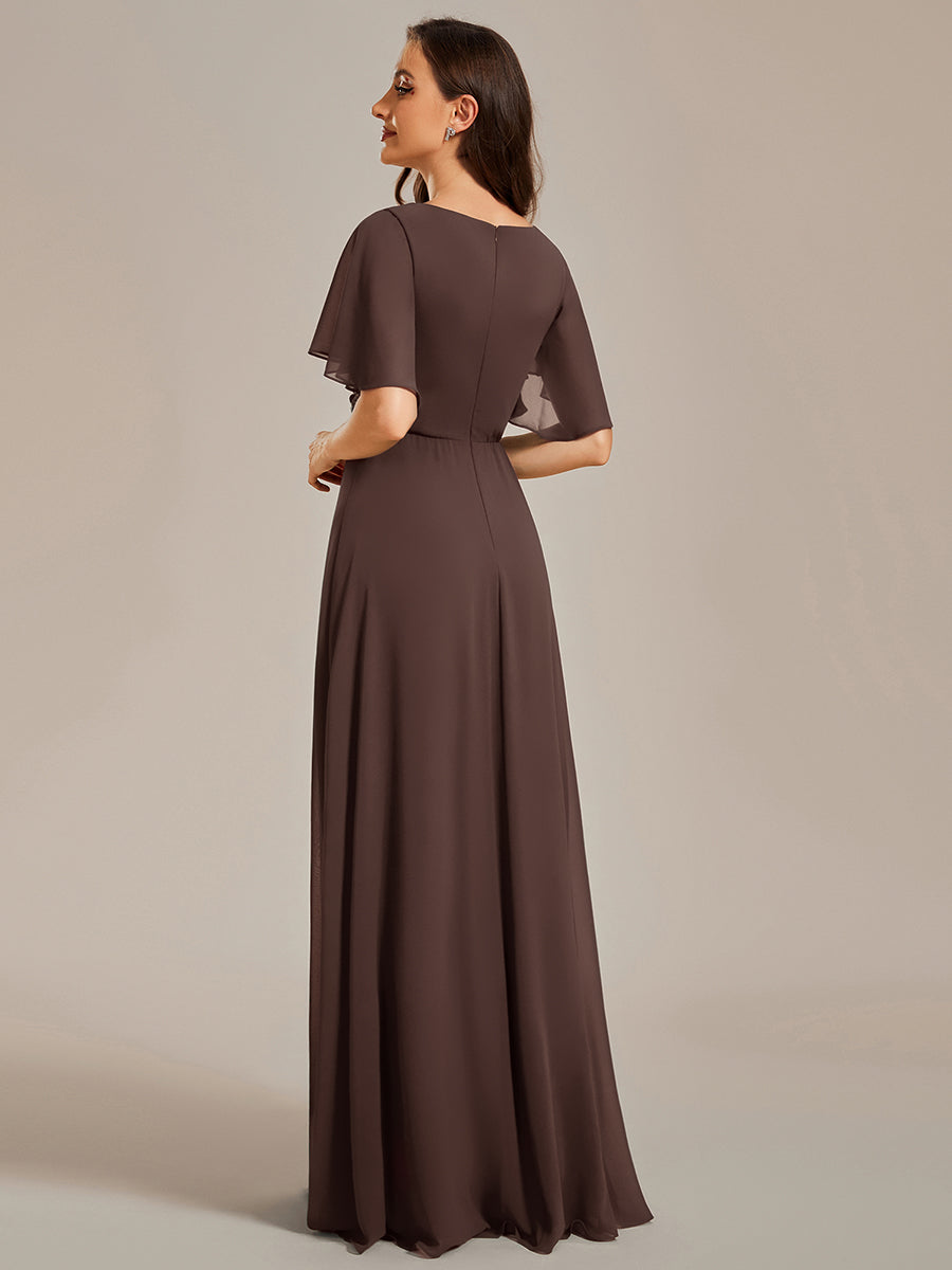 Ruffles Sleeve A-Line Chiffon Waist Applique Maxi Mother of the Bride Dress #color_Espresso