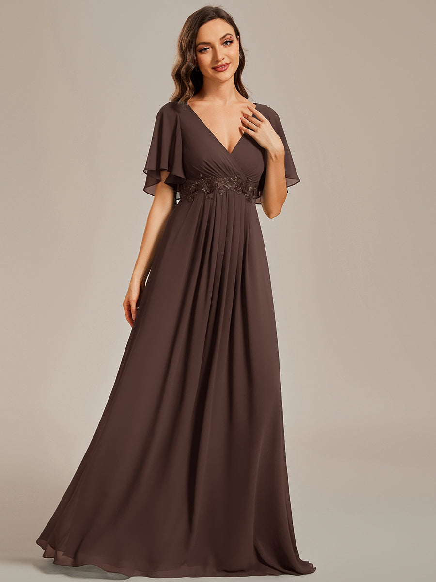 Ruffles Sleeve A-Line Chiffon Waist Applique Maxi Mother of the Bride Dress #color_Espresso