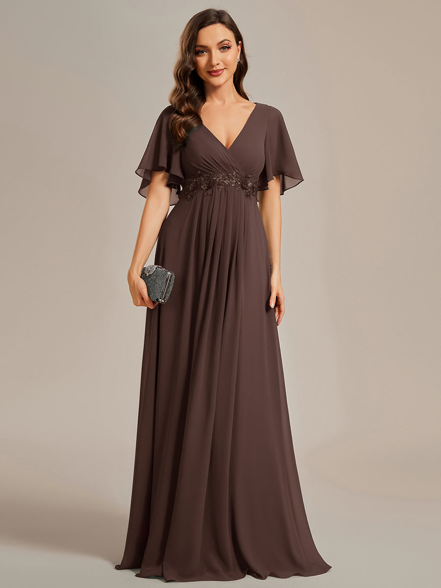 Ruffles Sleeve A-Line Chiffon Waist Applique Maxi Mother of the Bride Dress #color_Espresso