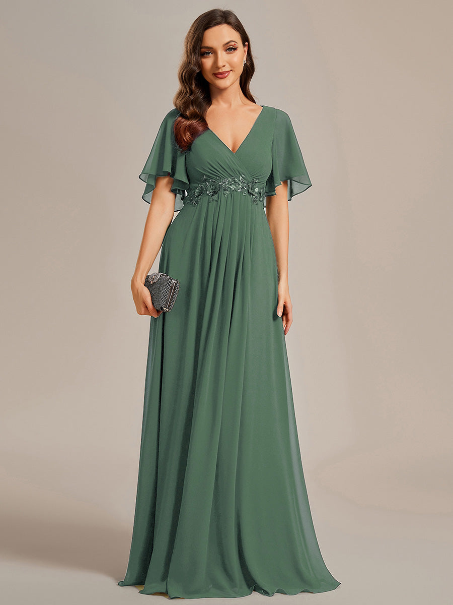 Ruffles Sleeve A-Line Chiffon Waist Applique Maxi Evening Dress #color_Eucalyptus