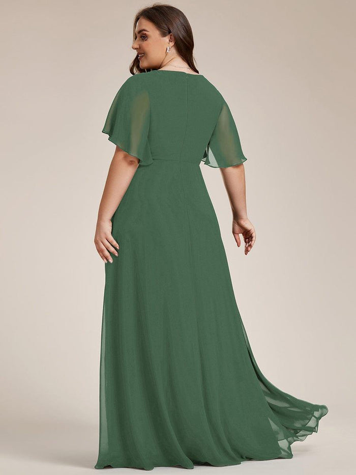 Plus Size V-Neck Chiffon Floral Applique Short Sleeve Maxi Evening