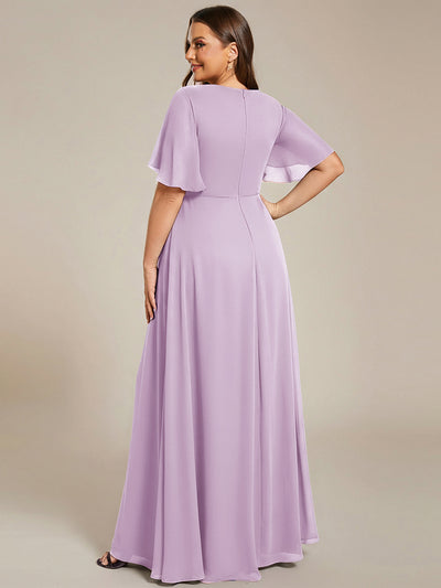 Plus Size Floral Applique Short Sleeve A-Line Chiffon Evening Dress #color_Frosted Lilac