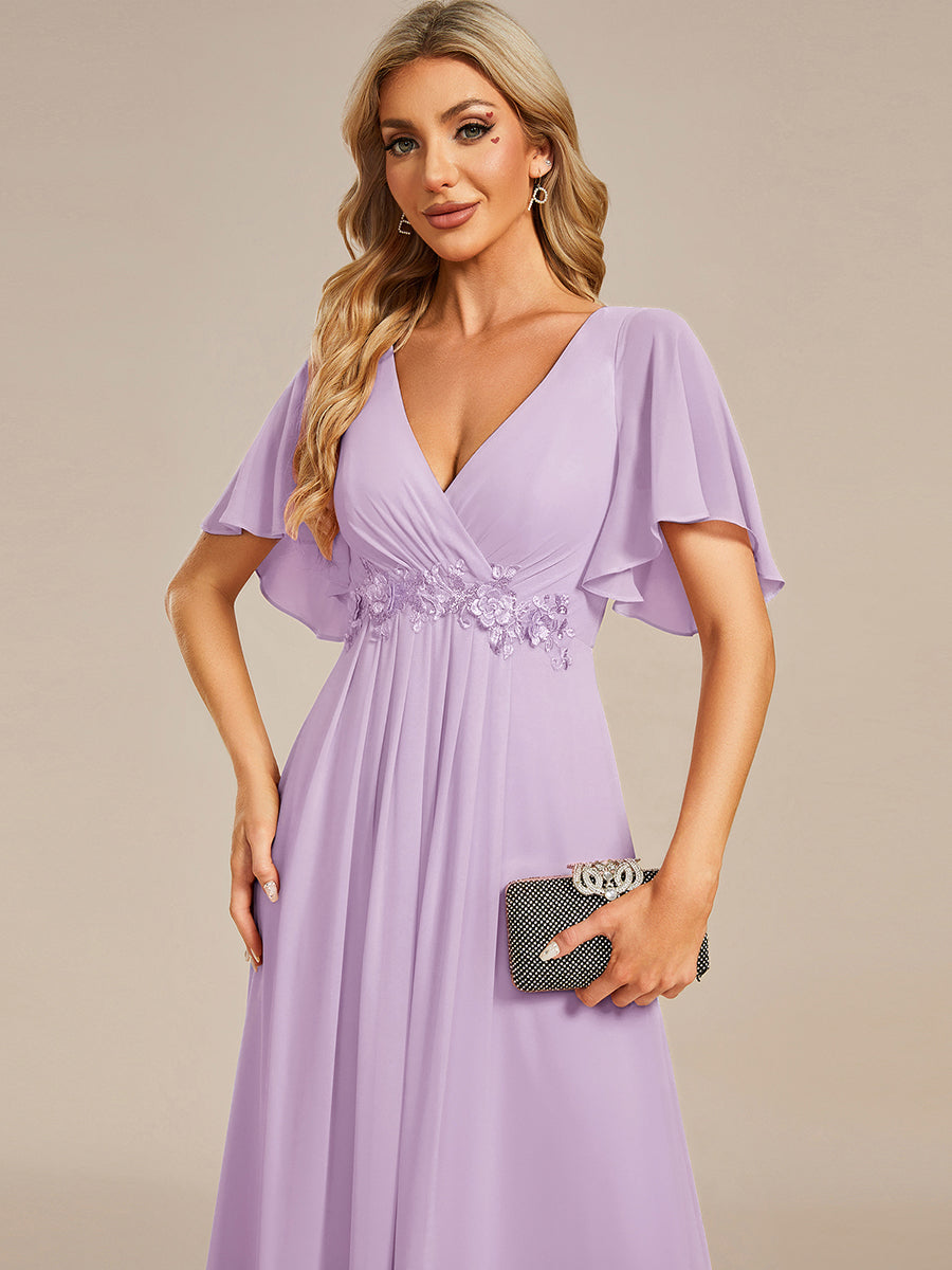 Ruffles Sleeve A-Line Chiffon Waist Applique Maxi Evening Dress #color_Frosted Lilac