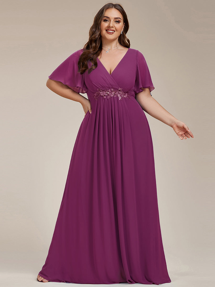 Ruffles Sleeve A-Line Chiffon Waist Applique Maxi Evening Dress #color_Fuchsia