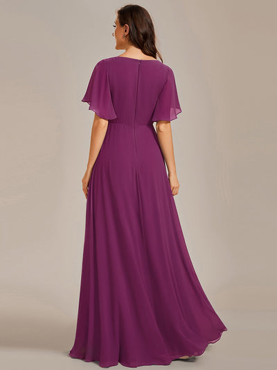Ruffles Sleeve A-Line Chiffon Waist Applique Maxi Evening Dress #color_Fuchsia