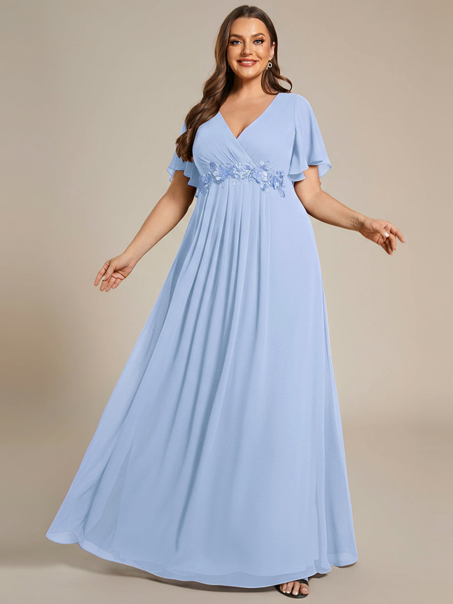 Plus Size Floral Applique Short Sleeve A-Line Chiffon Evening Dress #color_Ice Blue