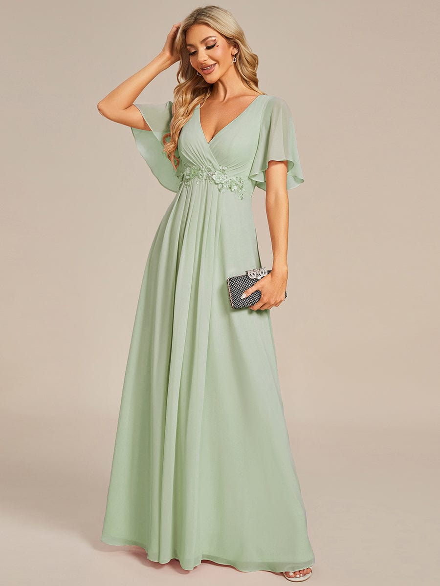 Ruffles Sleeve A-Line Chiffon Waist Applique Maxi Evening Dress #color_Mint Green