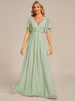 Ruffles Sleeve A-Line Chiffon Waist Applique Maxi Formal Evening Dress