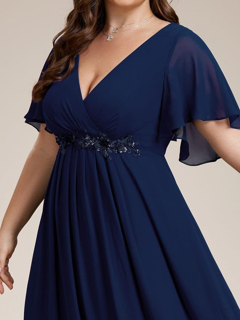 Plus Size V-Neck Chiffon Floral Applique Short Sleeve Maxi Evening
