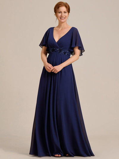 Ruffles Sleeve A-Line Chiffon Waist Applique Maxi Mother of the Bride Dress #color_Navy Blue