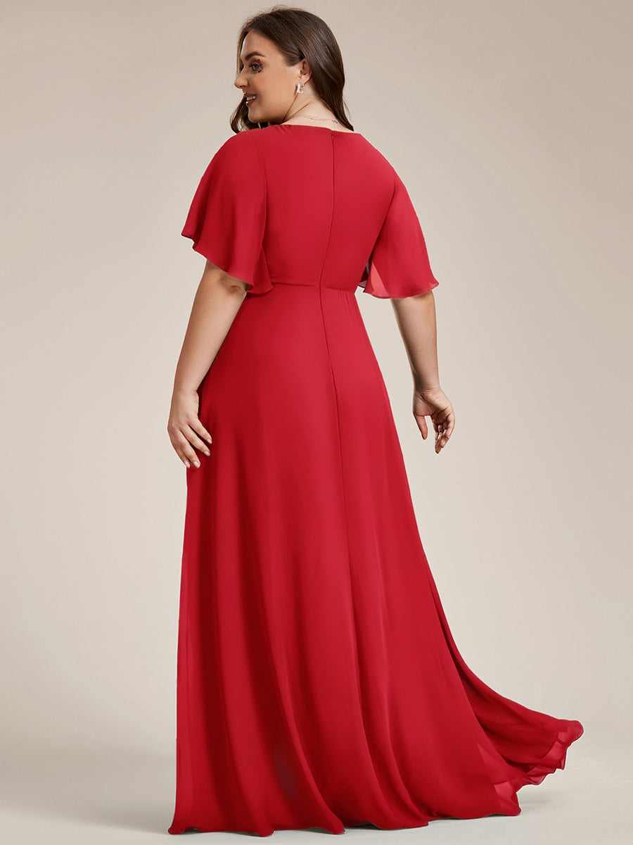 Plus Size Floral Applique Short Sleeve A-Line Chiffon Evening Dress #color_Red