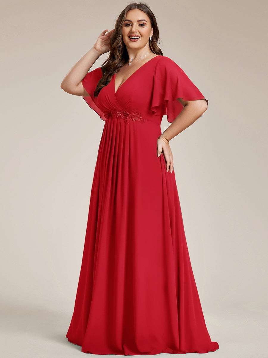 Plus Size Floral Applique Short Sleeve A-Line Chiffon Evening Dress #color_Red