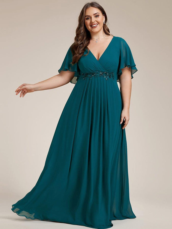Plus Size V Neck Print Lace Up Chiffon Dresses Summer