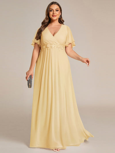 Plus Size Floral Applique Short Sleeve A-Line Chiffon Evening Dress #color_Yellow