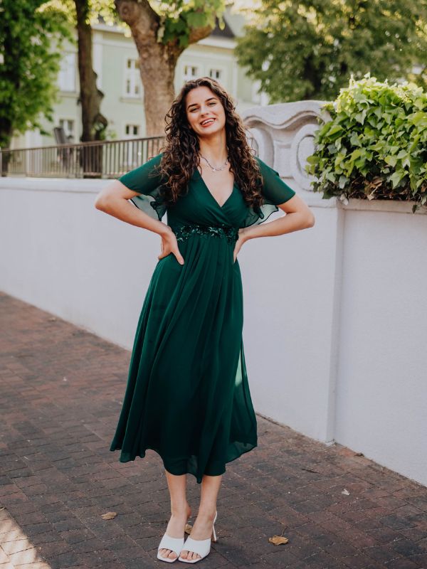 ever IVYROSE|Ruffles Sleeve A-Line Chiffon Waist Applique Maxi Wedding Guest Dress Fan Photos 3
