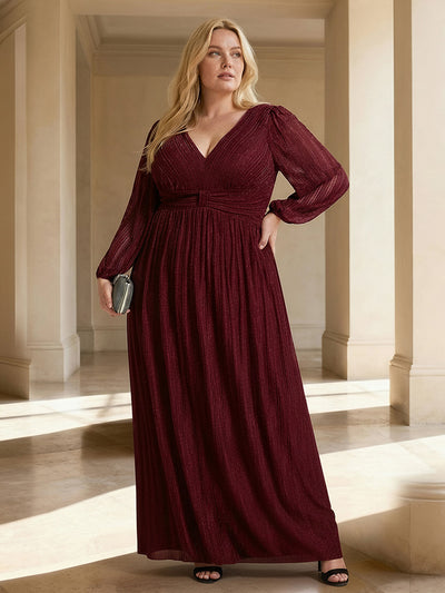 Plus Size Dazzling Empire Waist See-Through Long Sleeves A-Line Evening Dress #color_Burgundy