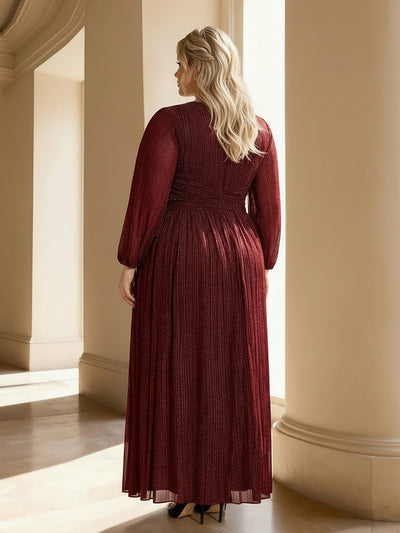 Plus Size Dazzling Empire Waist See-Through Long Sleeves A-Line Evening Dress #color_Burgundy