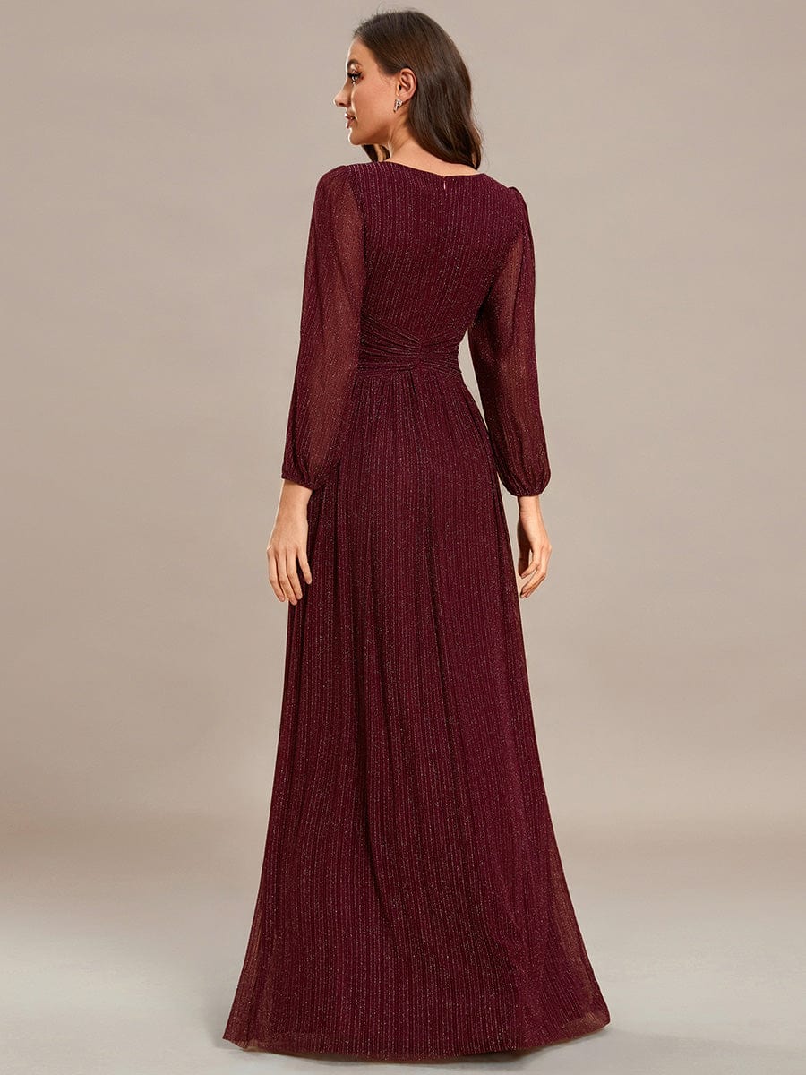 Glittery Empire Waist Long Lantern Sleeves A-Line Evening Dress #color_Burgundy