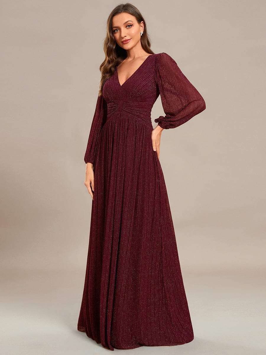 Glittery Empire Waist Long Lantern Sleeves A-Line Evening Dress #color_Burgundy