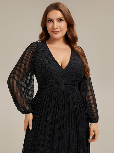 Plus Size Dazzling Empire Waist See-Through Long Sleeves A-Line Evening Dress #color_Black