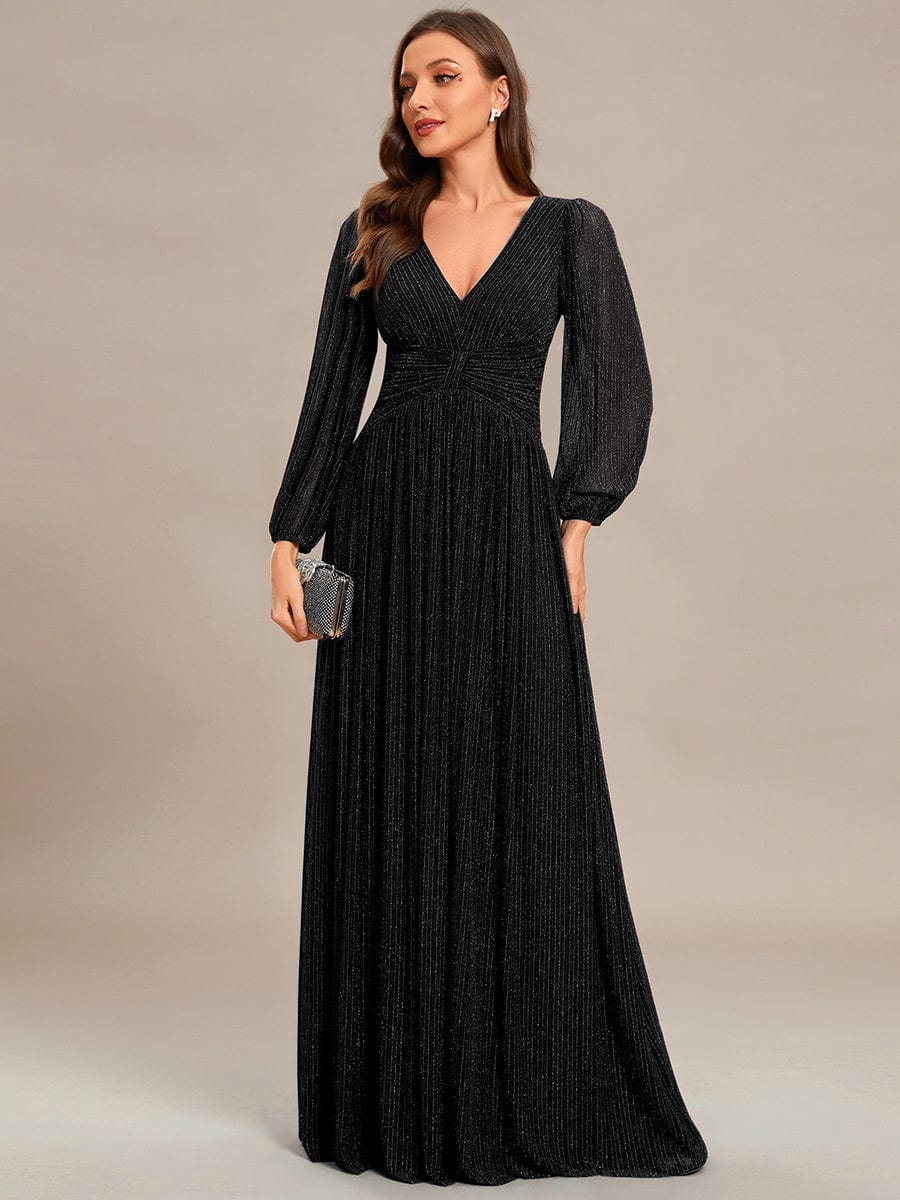 Glittery Empire Waist Long Lantern Sleeves A-Line Evening Dress #color_Black