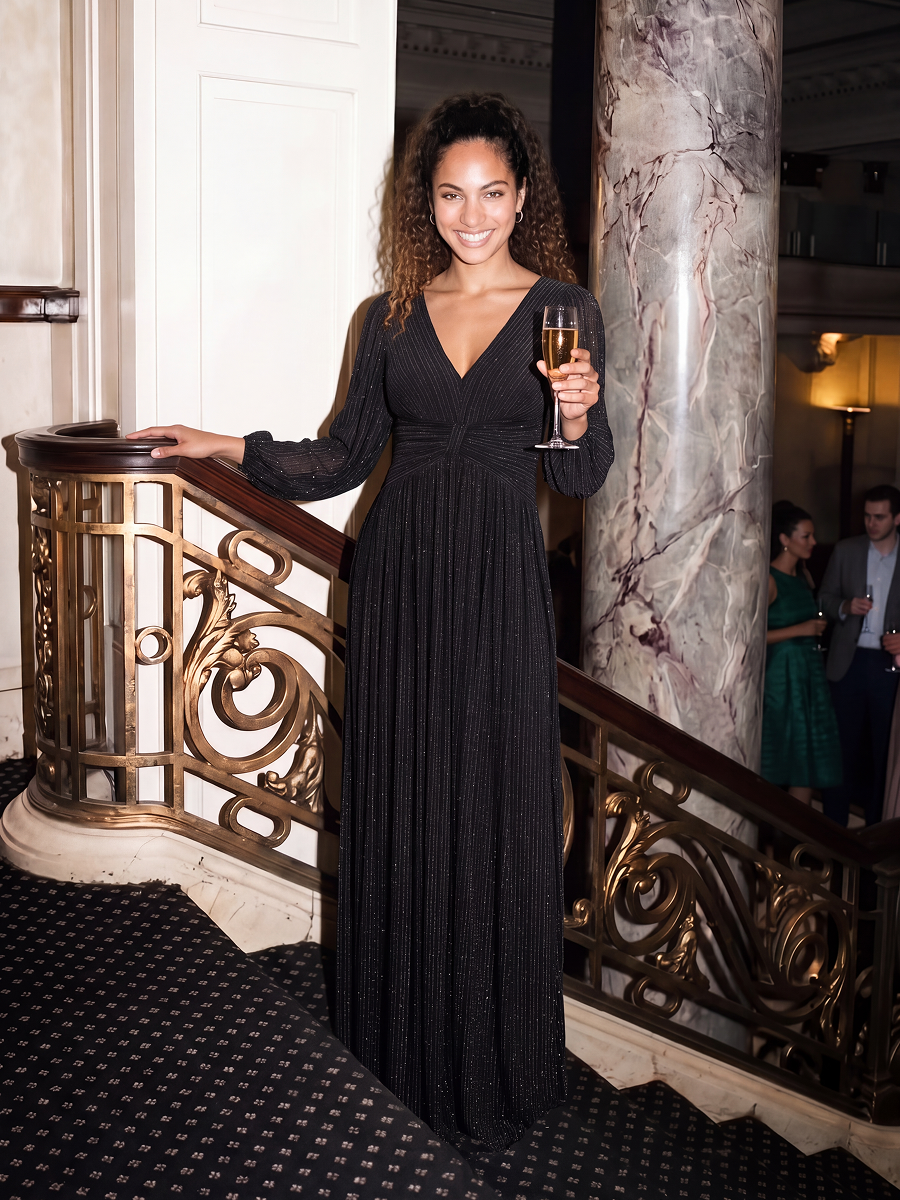 Glittery Empire Waist Long Lantern Sleeves A-Line Evening Dress #color_Black