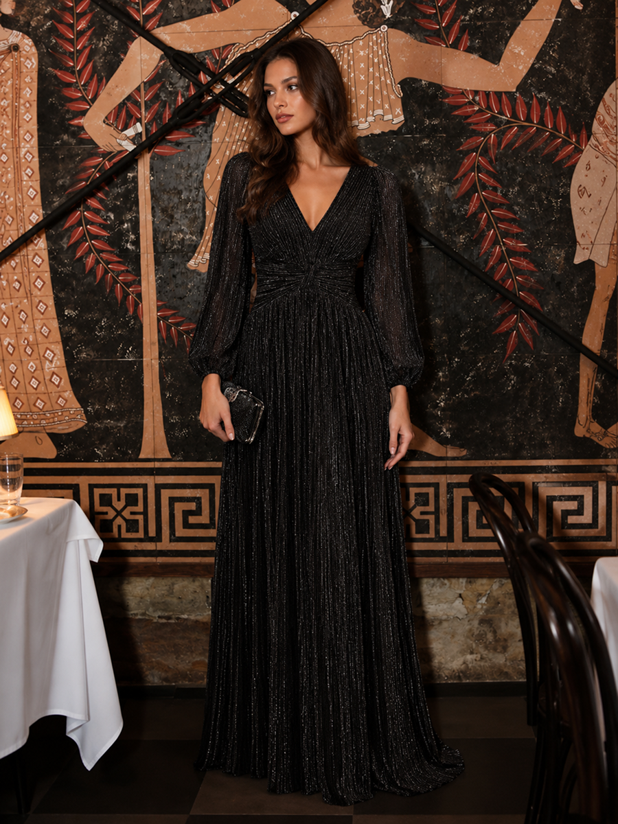 Glittery Empire Waist Long Lantern Sleeves A-Line Evening Dress #color_Black