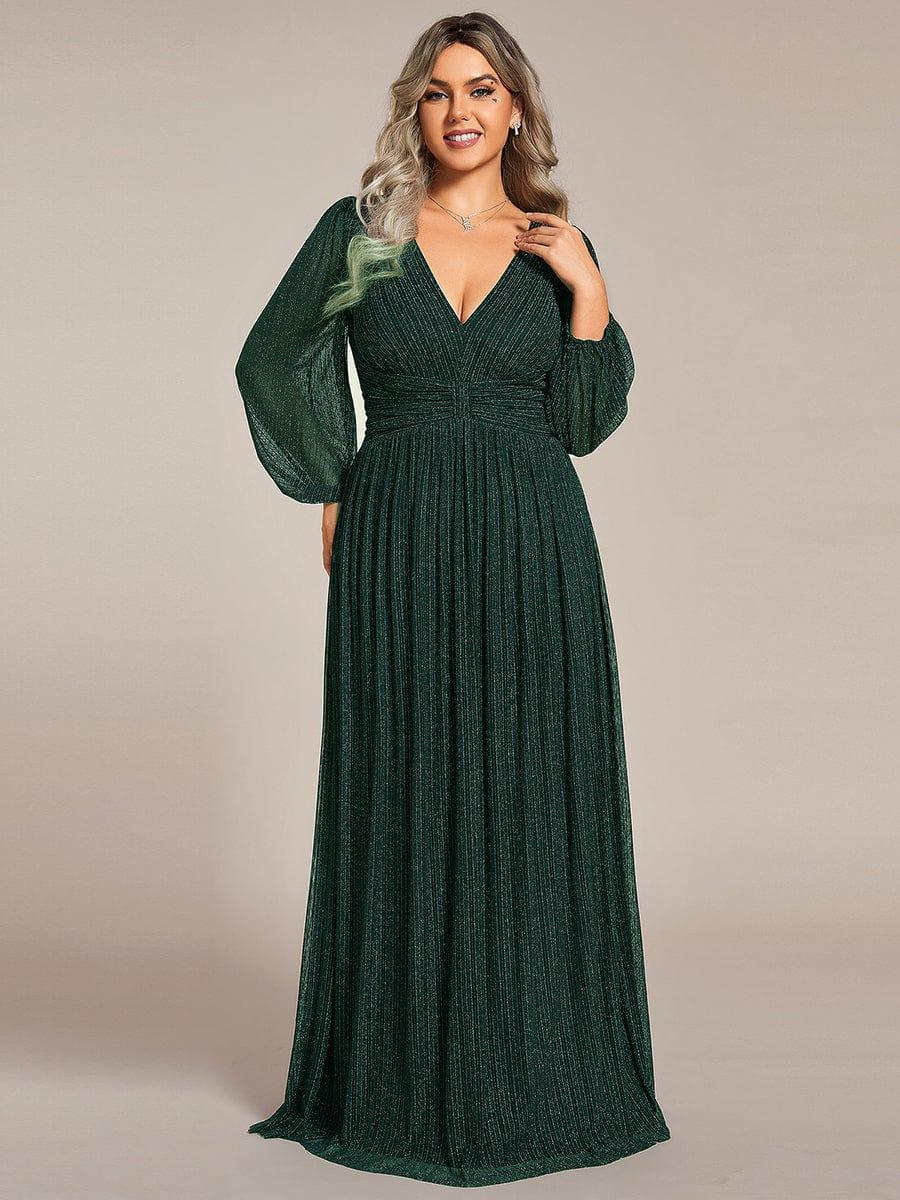 Glittery Empire Waist Long Lantern Sleeves A-Line Evening Dress #color_Dark Green