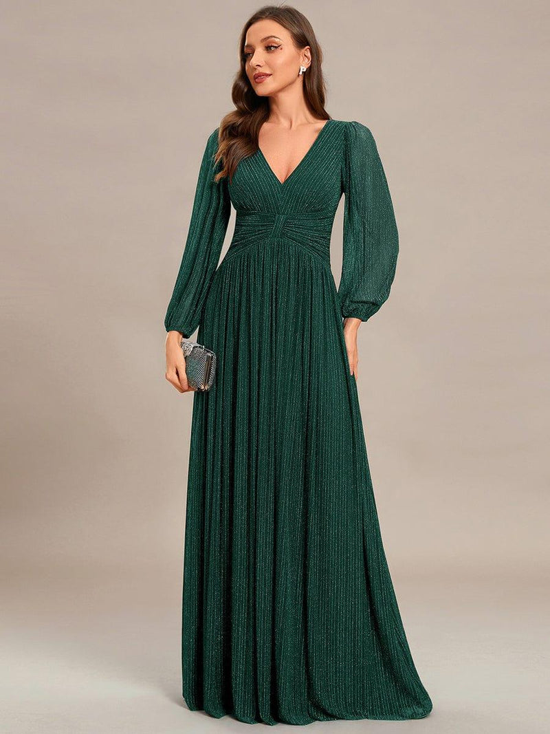 Shop Shimmering V-Neck Long Lantern Sleeves A-Line Evening Gown