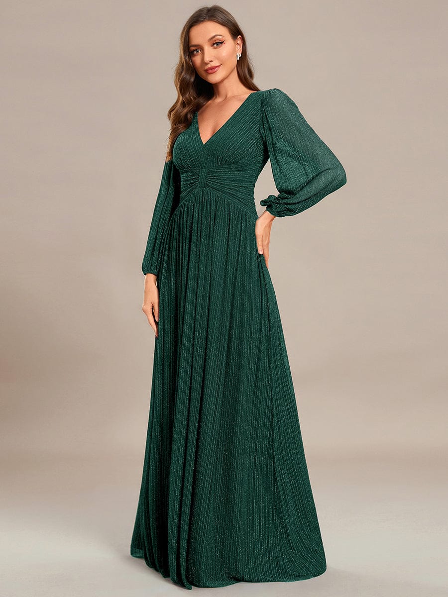 Glittery Empire Waist Long Lantern Sleeves A-Line Evening Dress #color_Dark Green