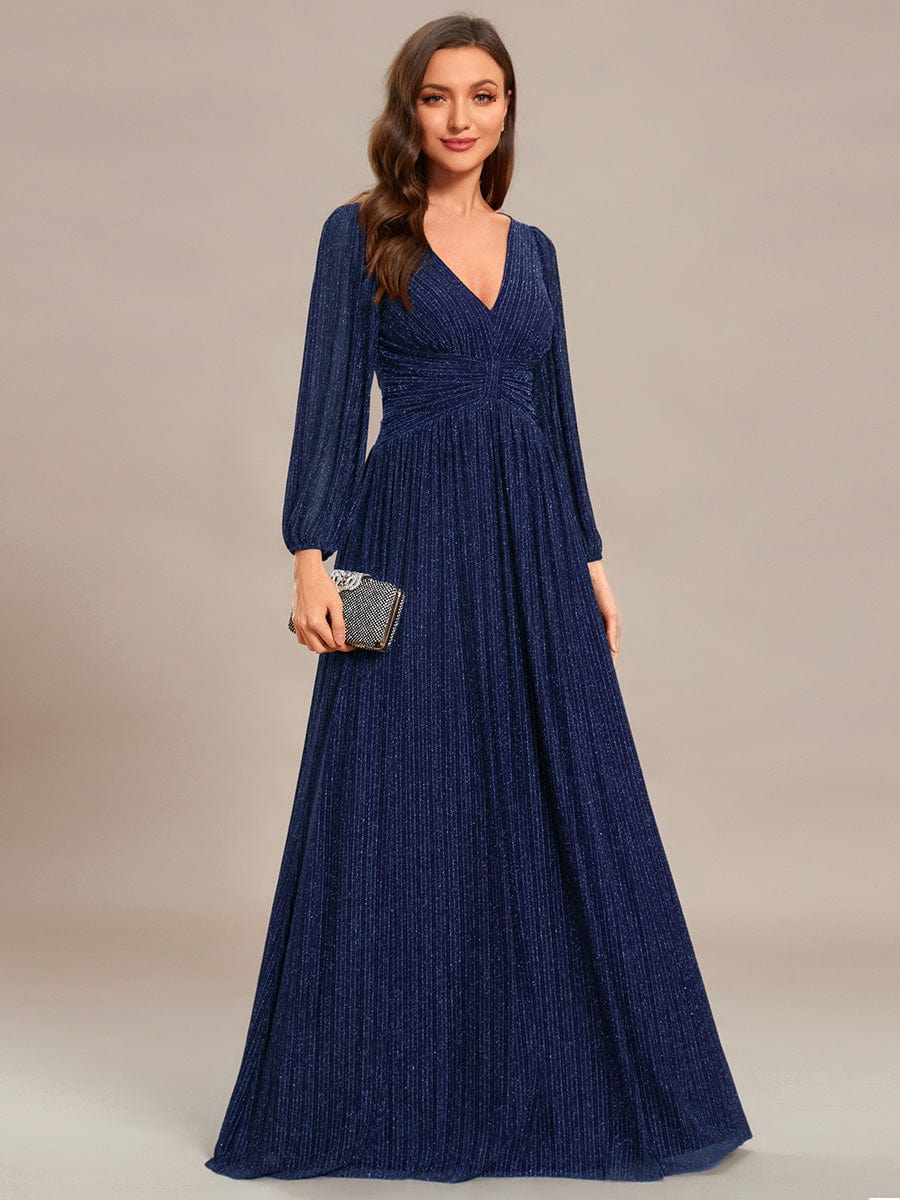 Glittery Empire Waist Long Lantern Sleeves A-Line Evening Dress #color_Navy Blue