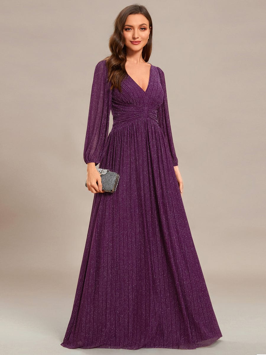 Glittery Empire Waist Long Lantern Sleeves A-Line Evening Dress #color_Purple Wisteria