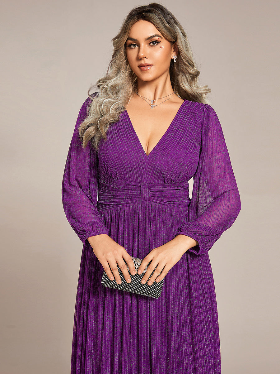 Glittery Empire Waist Long Lantern Sleeves A-Line Evening Dress #color_Sparkling Grape