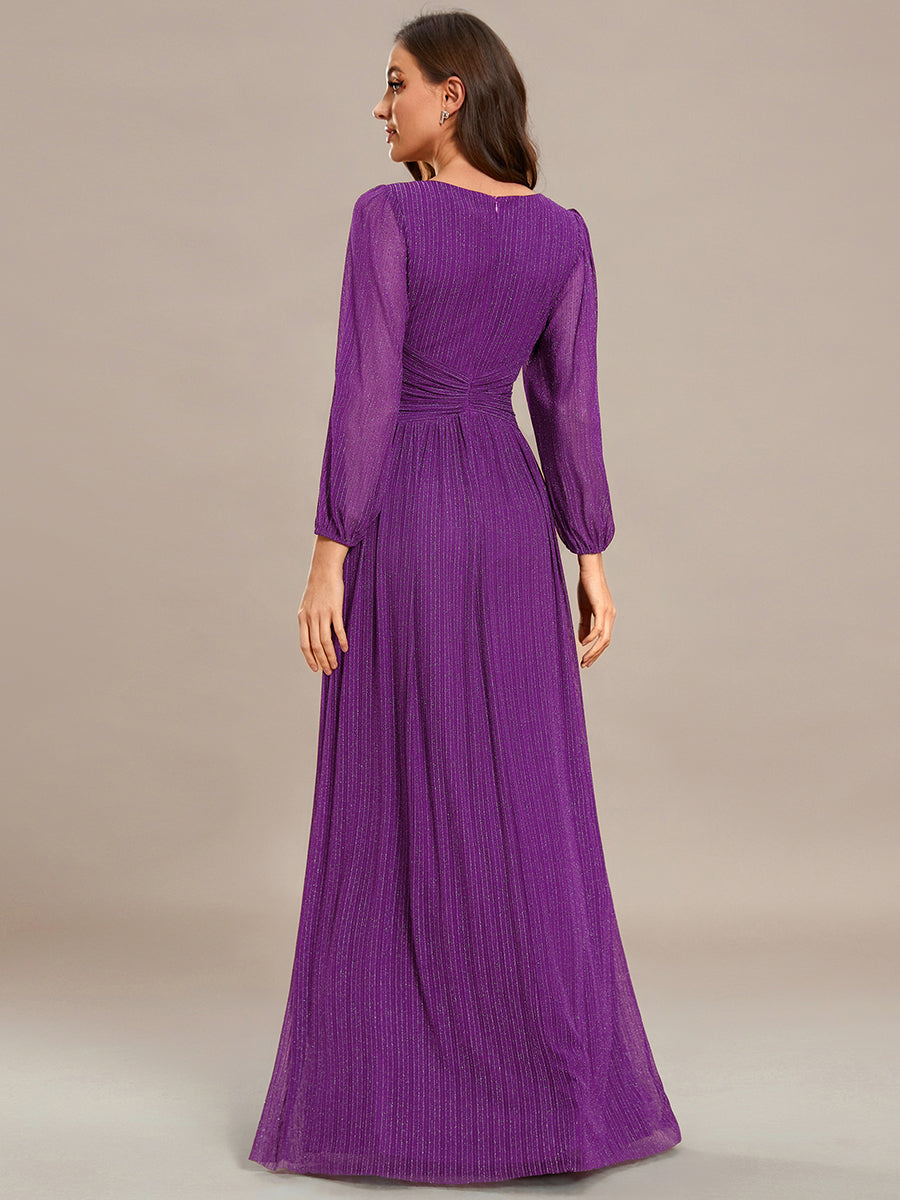 Glittery Empire Waist Long Lantern Sleeves A-Line Evening Dress #color_Sparkling Grape