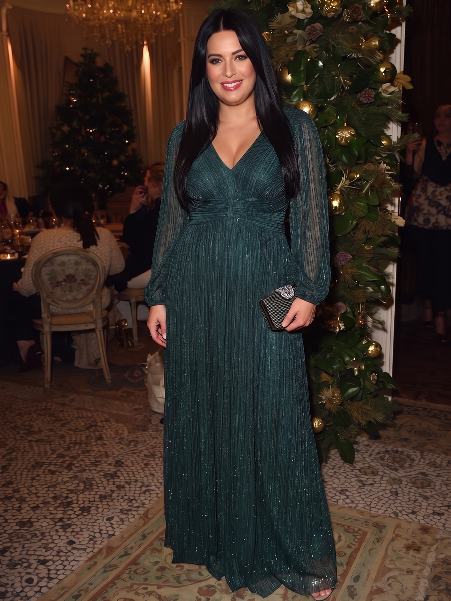 Glittery Empire Waist Long Lantern Sleeves A-Line Evening Dress #color_Teal