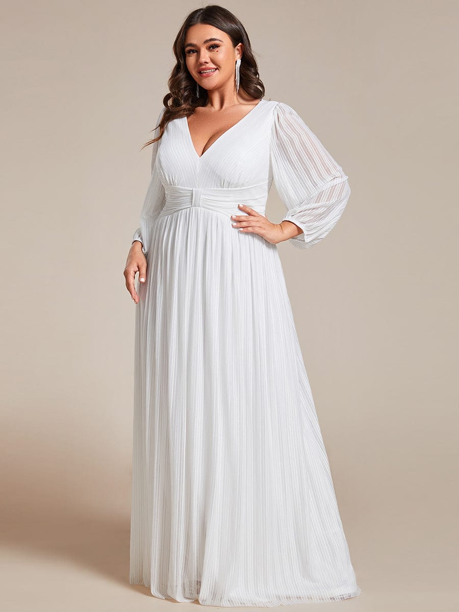 Plus Size Dazzling Empire Waist See-Through Long Sleeves A-Line Evening Dress #color_White