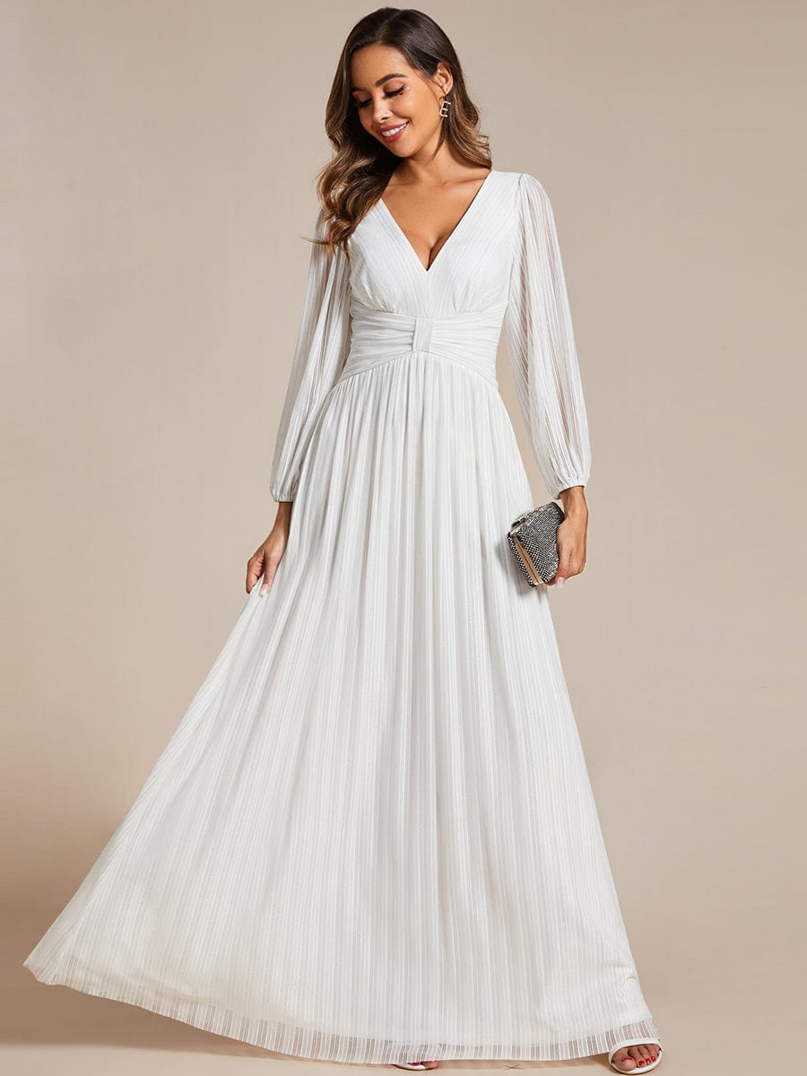 Glittery Empire Waist Long Lantern Sleeves A-Line Evening Dress #color_White