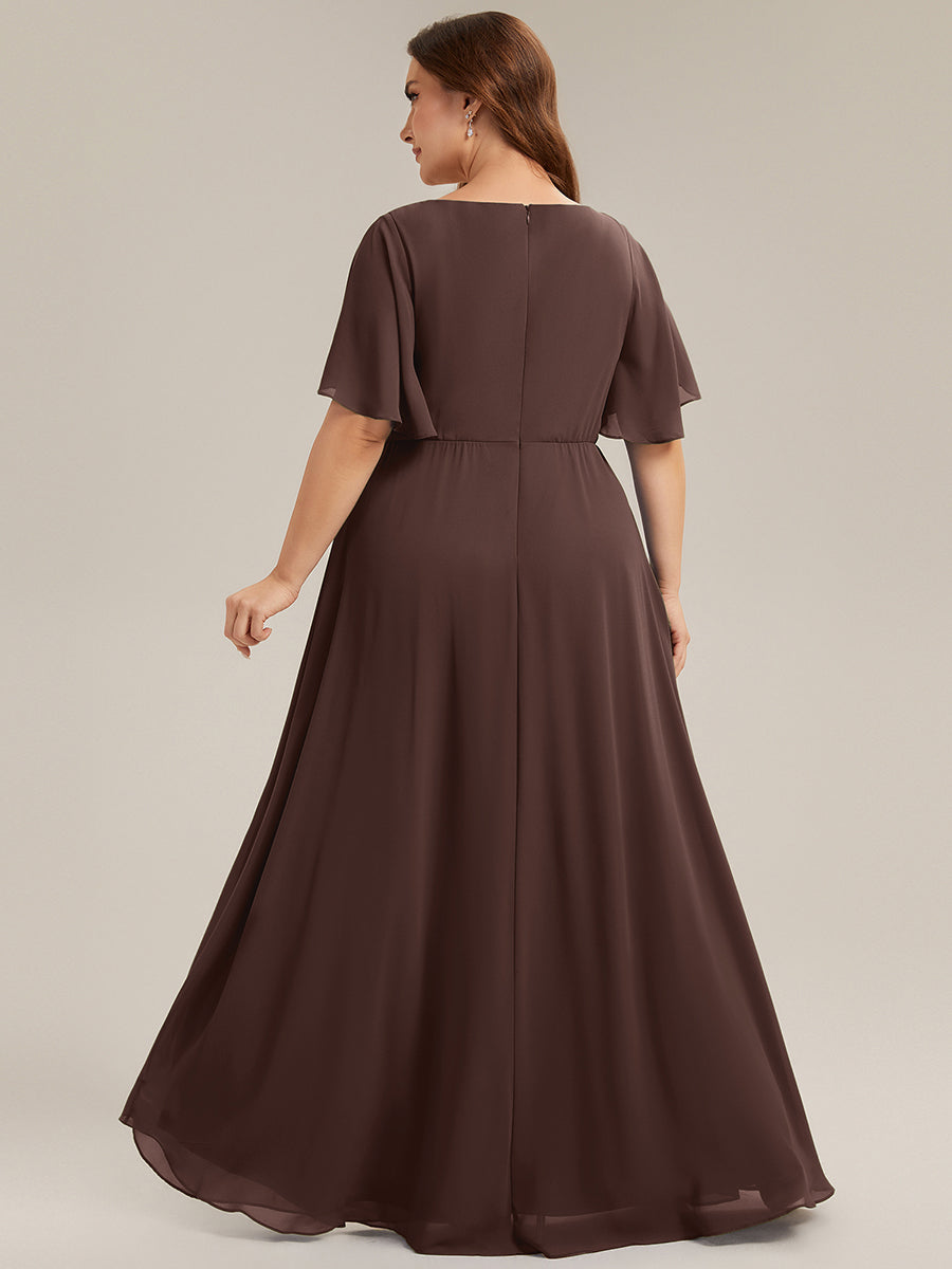 Ruffles Sleeve A-Line Chiffon Waist Applique Maxi Mother of the Bride Dress #color_Chocolate  Brown