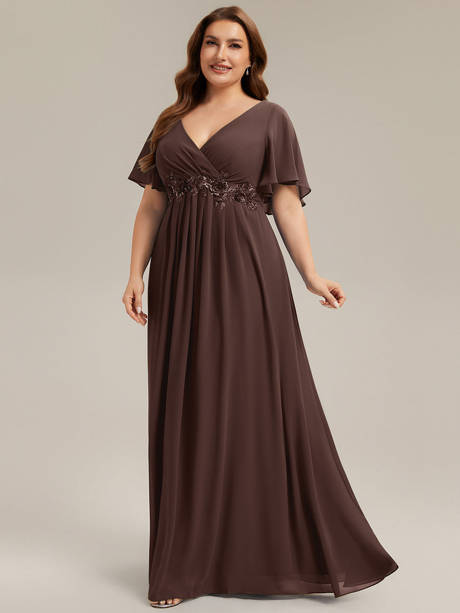 Ruffles Sleeve A-Line Chiffon Waist Applique Maxi Mother of the Bride Dress #color_Chocolate  Brown