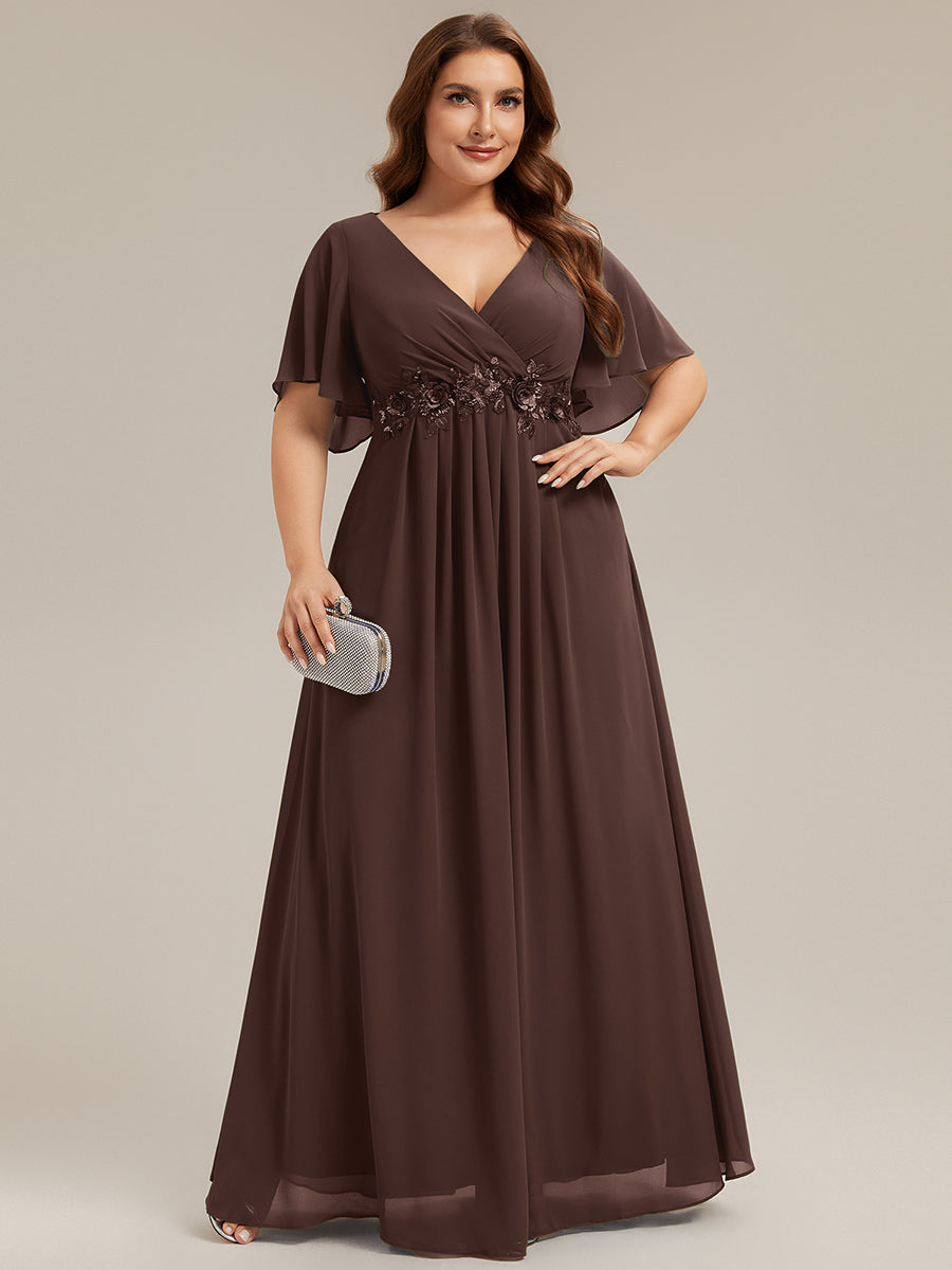 Ruffles Sleeve A-Line Chiffon Waist Applique Maxi Mother of the Bride Dress #color_Chocolate  Brown