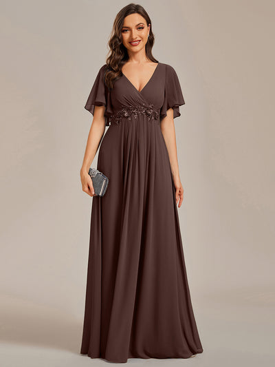 ever IVYROSE|Ruffles Sleeve A-Line Chiffon Waist Applique Maxi Wedding Guest Dress