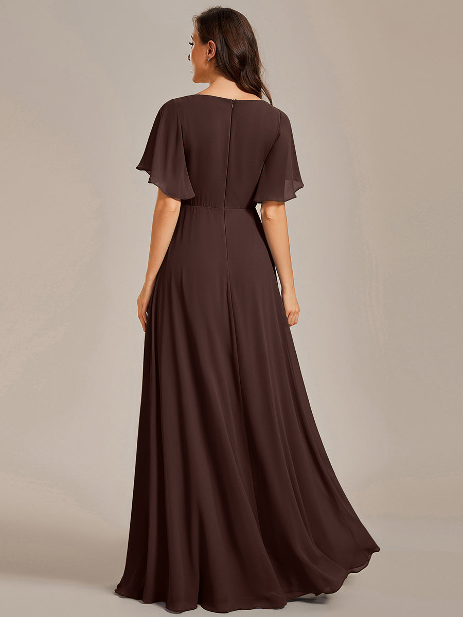 Applique Chiffon Ruffle Sleeve Evening Dress #color_Chocolate  Brown